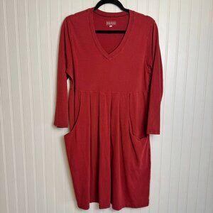 Iridium Cotton Drape Red V-Neck Knit Dress Pockets Long Sleeve B20